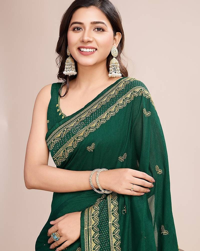 green silk blend blend printed saree with blouse