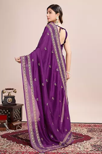 purple silk blend blend printed saree with blouse