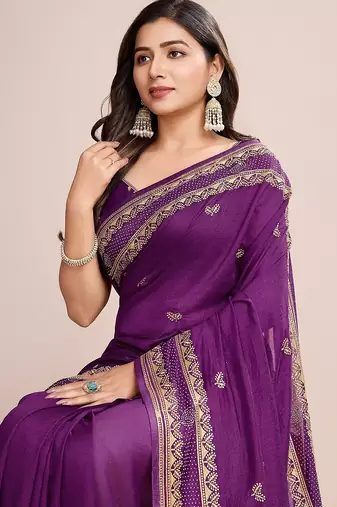 purple silk blend blend printed saree with blouse
