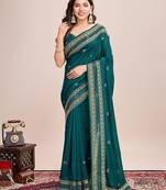 teal silk blend blend printed saree with blouse