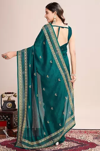 teal silk blend blend printed saree with blouse