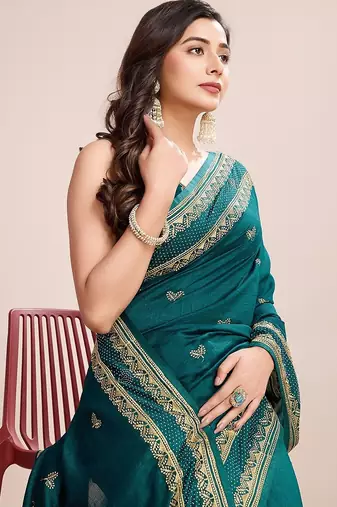 teal silk blend blend printed saree with blouse