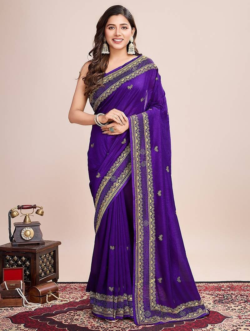 violet silk blend blend printed saree with blouse