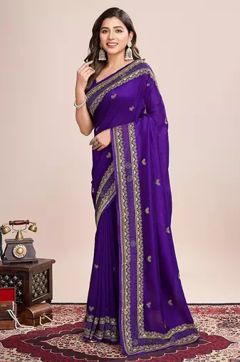 violet silk blend blend printed saree with blouse