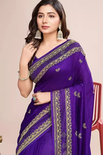 violet silk blend blend printed saree with blouse