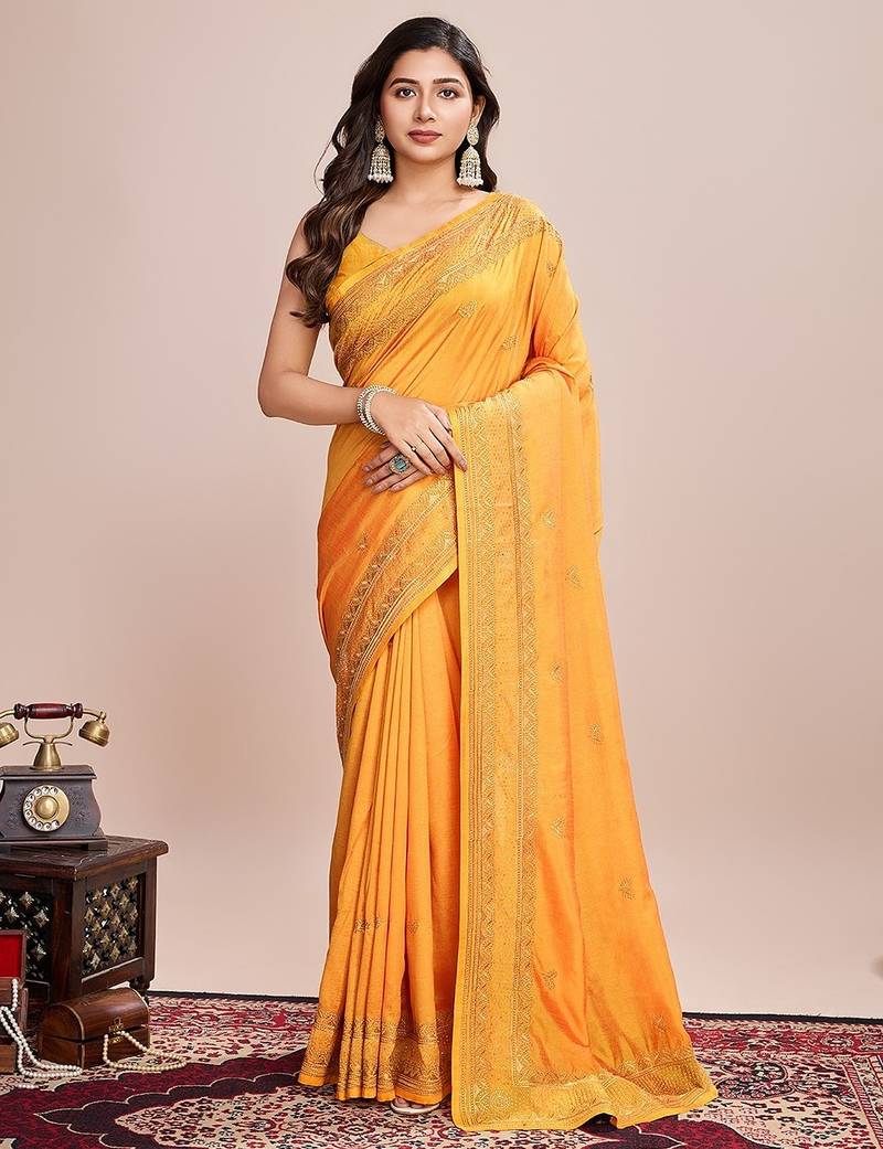 yellow silk blend blend printed saree with blouse