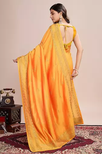 yellow silk blend blend printed saree with blouse