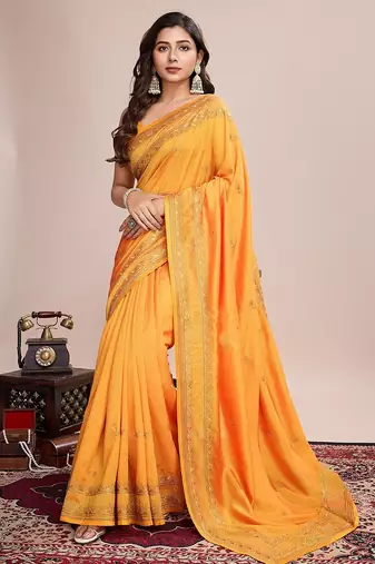 yellow silk blend blend printed saree with blouse
