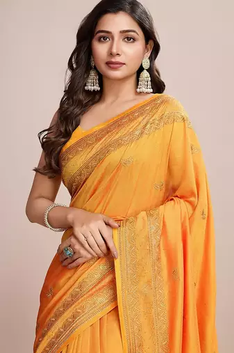 yellow silk blend blend printed saree with blouse