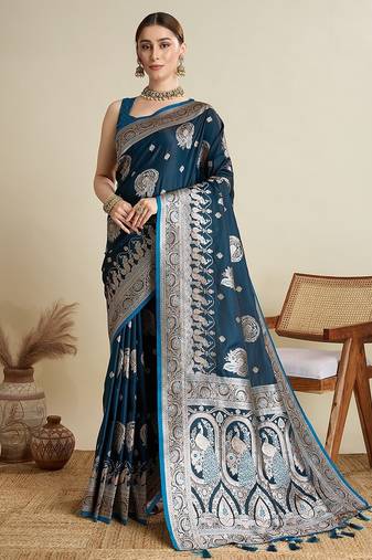 blue satin printed saree with blouse