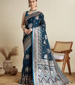 blue satin printed saree with blouse