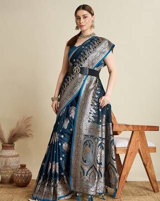 blue satin printed saree with blouse 3
