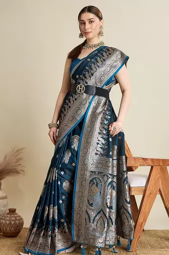 blue satin printed saree with blouse