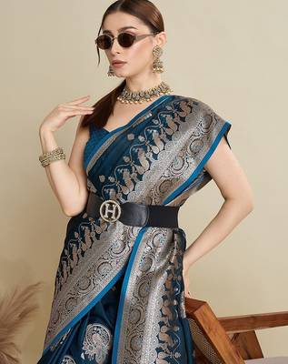 blue satin printed saree with blouse 4