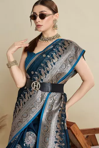 blue satin printed saree with blouse