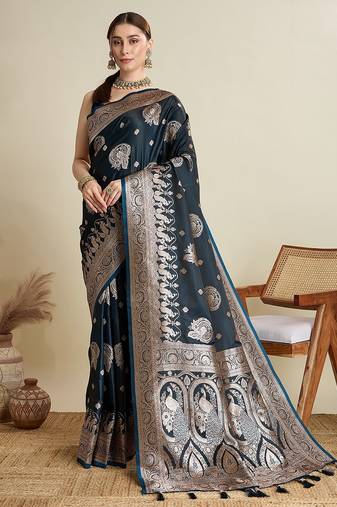 dark blue satin printed saree with blouse