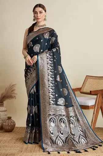 dark blue satin printed saree with blouse