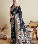 dark blue satin printed saree with blouse