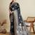 dark blue satin printed saree with blouse
