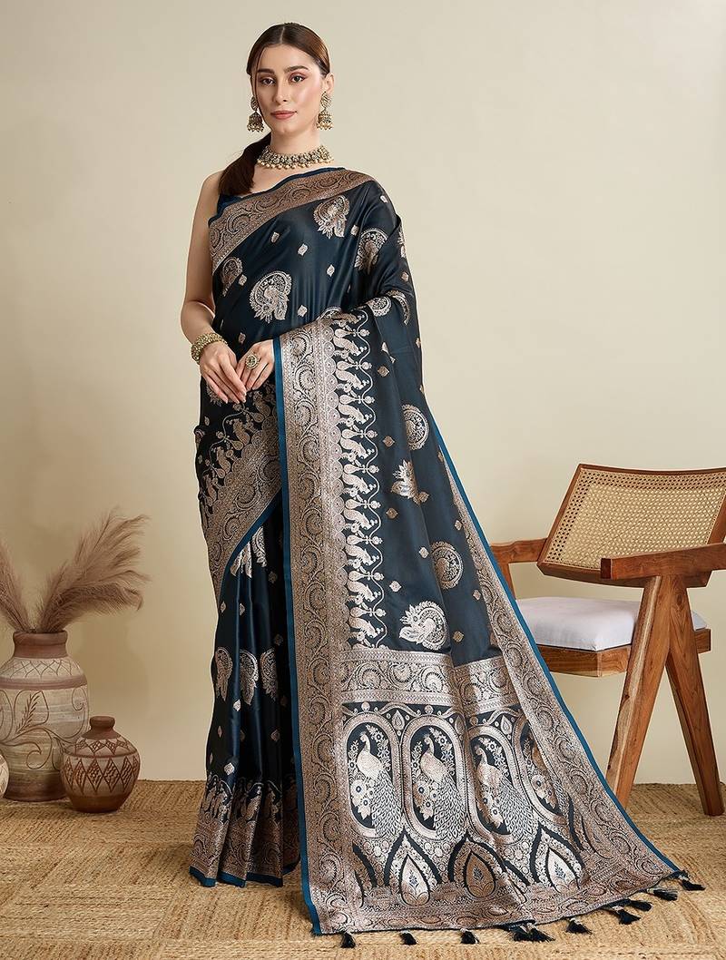 dark blue satin printed saree with blouse