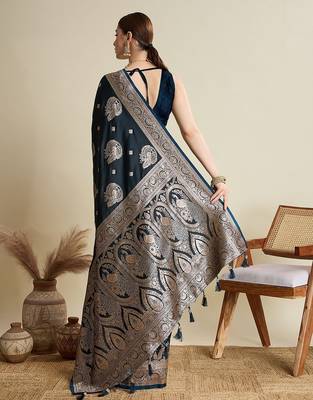 dark blue satin printed saree with blouse 2
