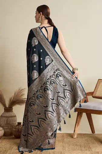 dark blue satin printed saree with blouse