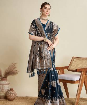 dark blue satin printed saree with blouse 3