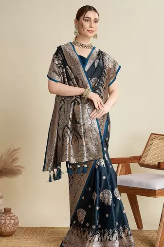 dark blue satin printed saree with blouse