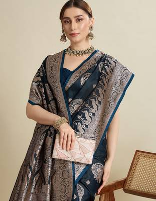 dark blue satin printed saree with blouse 4