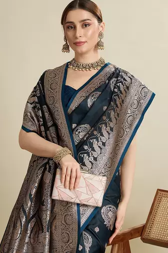 dark blue satin printed saree with blouse