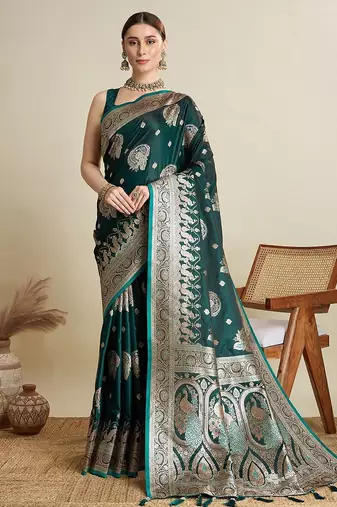 green satin printed saree with blouse
