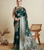 green satin printed saree with blouse