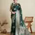 green satin printed saree with blouse