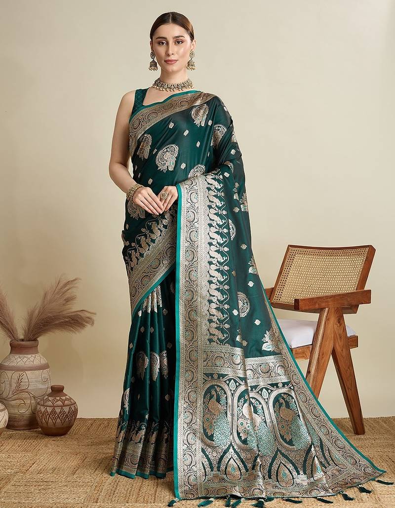 green satin printed saree with blouse