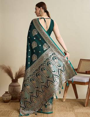 green satin printed saree with blouse 3