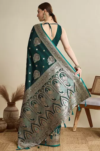 green satin printed saree with blouse