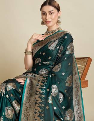 green satin printed saree with blouse 4