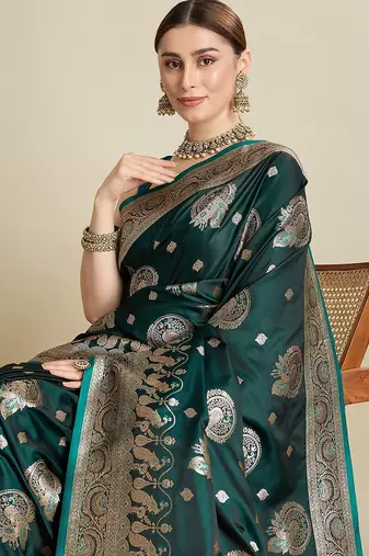 green satin printed saree with blouse