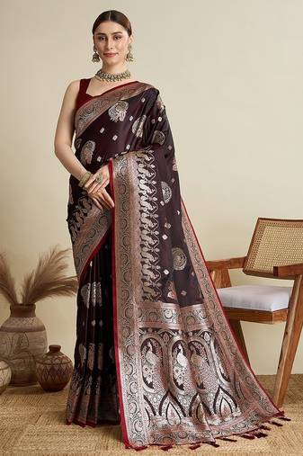 maroon satin printed saree with blouse