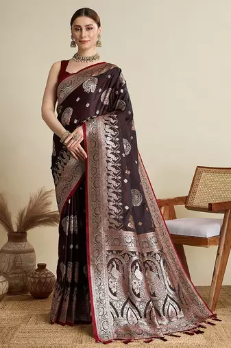 maroon satin printed saree with blouse