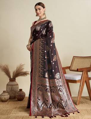 maroon satin printed saree with blouse 2