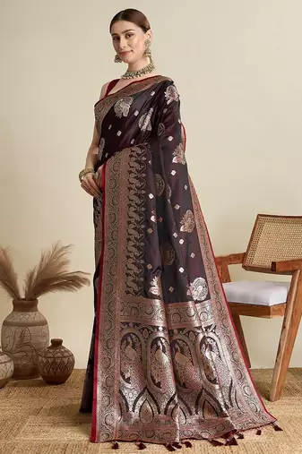 maroon satin printed saree with blouse