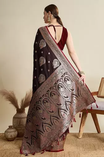 maroon satin printed saree with blouse