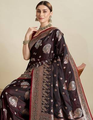 maroon satin printed saree with blouse 4