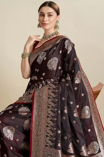 maroon satin printed saree with blouse