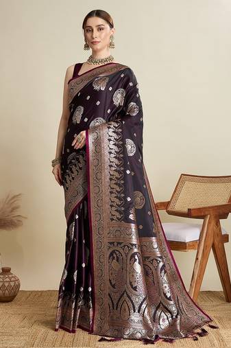 purple satin printed saree with blouse