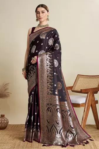 purple satin printed saree with blouse