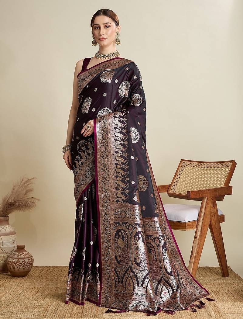 purple satin printed saree with blouse