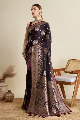 purple satin printed saree with blouse