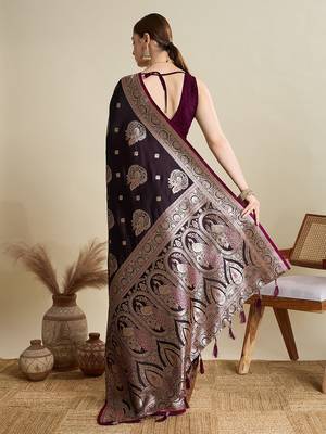 purple satin printed saree with blouse 3